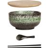 Cteahrow Set di ciotole in ceramica per ramen (4 pezzi) con bacchette a cucchiaio ， scodella per zuppa grande da 1100 ML, insalatiere per zuppa, ciotola per pho e sushi (Set di ciotole verdi)