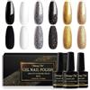 Shining She Smalto Semipermanente, 6 Colori Serie Nero, Glitter Nero Bianco Grigio Oro, Unghie Soak Off UV/LED Lampada Smalto per Principianti Nail Art DIY, 8ML