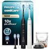Philips Sonicare DiamondClean 9000 spazzolino elettrico, confezione doppia, spazzolino sonico con app, sensore di pressione, 4 modalità di pulizia, bicchiere di ricarica, nero e oro rosa, HX9914/61