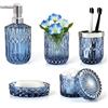LaMarriti Set di 5 accessori da bagno in vetro blu - dispenser per lozione, portasapone, bicchiere, cotton fioc, portaspazzolino, decorazione moderna per il bagno e set regalo