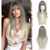 FESHFEN Lisci Parrucca con Frangia - Lunghe a Strati Biondo Cenere Parrucche per Donna Naturali Sintetico Parrucca Capelli Lunghi Dritto Layered per Festa Quotidiano, 60 cm