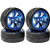 KINGCOO RC Set di pneumatici e ruote per auto, 4 pneumatici in gomma da 64 mm e 6 raggi, cerchioni in plastica, 12 mm, esagonali per 1/10 RC On-Road Run-Flating Touring Racing Auto (blu)