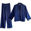 Laura in - Pigiama da Donna in Seta Raso, 2 Pezzi Camicia con Bottoni e Pantaloni Lunghi in Pizzo qualità Extra.BluM1403