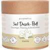 puremetics Soffione doccia 3 in 1 (250 g), gel doccia, esfoliante e lozione in uno, vegano e privo di plastica, nutriente, raffinante e levigante, esfoliante per lo zucchero e il sale marino | Zero