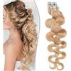 SEGO Extension Biadesive Capelli Veri Biadesivo Mossi Ricci 35cm 20 Ciocche Adesive Tape Remy Human Hair Naturali 40g #27 Biondo Scuro
