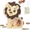 omedecal Salvadanaio Bambini in Legno con Adesivi e Pennarello, Riutilizzabile Salvadanaio Apribile Soldi Cash Box Risparmio Soldi per Bambini e Adulti - Leone