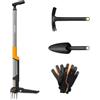 Fiskars Ergonomic Set per Piantagione e Cura del Terreno, 4 Pezzi, Estirpatore, Zappa, Paletta e Guanti da Lavoro, Per Cura Professionale delle Aiuole, Nero/Arancione, 1082771