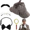 PLLYPE Set di accessori per costume da detective, 5 pezzi, costume da sherlock Holmes, detective cosplay, con cappello da detective, occhiali in metallo, lente d'ingrandimento da uomo, per bambini