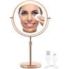 OMIRO 3X/10X specchio ingranditore con luci, 21 cm, specchio cosmetico girevole su entrambi i lati, con supporto regolabile in altezza (oro rosa)