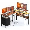 VASAGLE Scrivania a L con Prese di Corrente, Tavolo ad Angolo, Scrivania per Computer con Supporto per Monitor, Scrivania da Gaming con Luci a LED, 2 Cassetti, 2 Porte USB, Marrone Vintage LWD095K01
