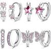 JeweBella 4 Paia Piccoli Orecchini a Cerchio Argento per Donna Ragazze Rosa/Blu Farfalla Cuore Stella Zirconio Orecchini a Cerchio Ipoallergenici Set di Orecchini Cartilagine Huggie Gioielli
