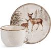 H&H Set di 4 Tazze da Caffè in Stoneware con Piattino - 115 cc - Beige Puntinato con Bordo Marrone, Decorazione Magical Deer con Paesaggio Innevato, Perfette per il Periodo Invernale e Natalizio