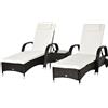 Outsunny Set Relax Sedie Tavolino in Rattan 3pz 2 Lettini a Sdraio Reclinabili Imbottiti con Rotelle e Tavolino, Marrone|Aosom
