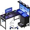 Coleshome Scrivania Gaming con LED, 110 x 80 cm Reversibile Tavolo Gaming con Cassetti e Prese, Scrivania Angolare con Ripiani e spazio di archiviazione, Nero