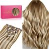 WENNALIFE Extension Capelli Veri Clip, 35cm 120g 7pcs Extension Clip Capelli Veri Castano Cenere con Riflessi Biondo Oro Remy Umani Naturali Capelli Extension con Clip