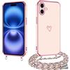 E-Lush - Custodia per iPhone 16 con cinturino, cover in silicone galvanizzato con motivo a cuore, custodia protettiva con cordino per appenderla, protezione per la fotocamera, antiurto, color oro rosa
