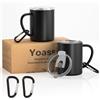 Yoassi 2pcs Tazza Isolante in Acciaio Inox con Coperchio Tazze 400ml da Caffè Bevande Tè Birra per Campeggio Viaggio con 2 Moschettoni Tazza Termica a Doppia Parete Lavabili in Lavastoviglie Nero