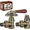 Generic VETTO CARRINGTON VT626 Set Valvola Manuale Angolata per Radiatori Vintage con Blocco. Maniglia in Legno, 15 mm - 3/4, Corpo in Ottone con Finitura Ottone Anticato.