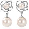 Reffeer Orecchini pendenti in argento Sterling 925 massiccio con perle finte per donne, orecchini, ragazze, orecchini a forma di fiore, 0.79 inch, Argento sterling, Nessuna pietra preziosa