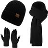 Tastetreasure Set 3 in 1 cappello invernale lavorato a maglia, sciarpa e guanti per uomo e donna, caldo foderato in pile, sciarpa a maglia grossa, guanti touchscreen, accessori invernali da donna, set