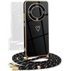 YAMCCCSE Cover per Honor Magic 5 Lite 5G con Collana Amore Cuore Custodia per Silicone Sottile Laccio Tracolla Case con Protezione Fotocamera Dorata Placcatura Cornice Paraurti, Nero