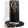 YAMCCCSE Cover per Honor Magic 5 Pro 5G con Collana Amore Cuore Custodia per Silicone Sottile Laccio Tracolla Case con Protezione Fotocamera Dorata Placcatura Cornice Paraurti, Nero