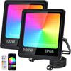 Indmird 2 Pezzi Faretto LED RGB 100W, Faro Led Rgb Esterno con 360° Telecomando e APP Bluetooth IP66 Impermeabile Proiettori RGB 16 Milioni di Colori Dimmerabile Faretti rgb per Festa Halloween