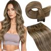 LaaVoo Extension Capelli Veri Tessitura Marrone a Biondo Scuro Highlight, Matassa Morbida Remy, Setosi, per Sposa e Matrimonio 35cm 80g #8-16-8