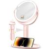 MOMOKUBA Specchio cosmetico con illuminazione - Specchio da trucco regolabile in altezza da 7 con illuminazione, ingrandimento 30x per camera da letto e bagno, double face, 3 colori, 64 LED, rosa