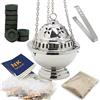 NKlaus set incensiere argentato con resine naturali carbone pinza ciotola rimovibile rituale meditazione spirituale fatto a mano altezza 14 cm ottone nichelato 2917