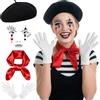 WANGWANG Set di accessori per costume da donna - Pierrot Costume accessori con berretto nero, guanti bianchi, foulard rosso e tatuaggi per il viso, per carnevale e carnevale