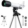 GUANIEE Telescopio per bambini, apertura 50 mm, 360 mm, AZ, telescopio astronomico portatile per adulti principianti con treppiede aggiornato bianco