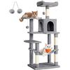 Feandrea Albero per Gatti Alto 143 cm, Tiragraffi per Gatti, con 4 Pali Graffiatoi, 2 Posatoi, 1 Grotta, 1 Amaca, 2 Pompon, in Peluche a Più Livelli, Grigio Chiaro PCT161W01