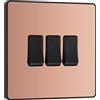 British General BG Electrical - Interruttore triplo da parete, 2 vie, piastra frontale senza viti, bordi arrotondati, Evolve, rame lucido, 20A, 16AX, PCDCP43B