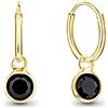 DTPsilver Orecchini Pendenti Cerchio Argento 925 Placcati Oro 24K con Brillantini di Cristallo Nero - Orecchini Donna Dorati con Brillantino Punto Luce Nero - Spessore : 1.5 mm - Diametro: 14 mm