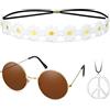 Fiada Set di Accessori per Costume Hippie Occhiali da Sole Rotondi di Anni '60 Collana con Segno di Pace Fascia per Capelli di Margherita Girasole per Donna Travestimenti (Marrone Scuro, Giallo)