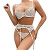 Aranmei Lingerie Set per Donna 3 Pezzi Ricamato Reggiseno e Slip Set con Balza Giarrettiera Set Lingerie Sexy con Spalline e Coscia, Bianco, M