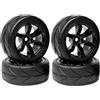 KINGCOO RC Set di pneumatici e ruote per auto, 4 pneumatici in gomma da 64 mm e 6 raggi, cerchioni in plastica, 12 mm, esagonali per 1/10 RC On-Road Run-Flating Touring Racing Auto (nero)