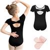 Mulnall Body da danza per ragazze con collant, a maniche corte, con fiocco sul retro, fodera frontale completa, Manica corta-nero, 8-10 Years