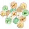 FAINCA 15 Pezzi Pompon di Carta Velina da Appendere Lanterne 20 cm 25 cm Palline di Carta Colorata Addobbi Compleanno per Matrimoni Lauree Compleanni Baby Shower (Bianco Verde Kaki)