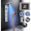 KEOKBON Colonna doccia con pannello LED senza batteria con temperatura e display del tempo di doccia, 5 modalità - Pioggia, Nebbia, 6 getti regolabili in angolo per il corpo, doccetta e beccuccio per