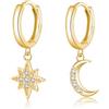 Reffeer Orecchini a cerchio in argento sterling 925, con luna e stella, per donne, orecchini da ragazza, orecchini a cerchio con luna e stella, 12 Millimeter, Argento sterling, Zirconia cubica