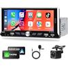 Motorsi Autoradio Motorsi Single Din con A-pple Carplay Android Auto,Touchscreen IPS da 6,9'' Stereo Radio 1 Din Bluetooth con Retroilluminazione Colorata/EQ/FM/RDS/USB e Type-C+Telecamera per la Retromarcia