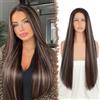 FESHFEN Parrucca 13x4 Lace Front - Parrucche Capelli Lisci per Donne Meches Dritto Naturali Sintetico Parrucca di Capelli per Partito Quotidiano, 75 cm Miscela di Castano Ramato e Biondo