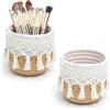 HENGBIRD Boho macramè - Set di 2 portapenne, organizer da scrivania con nappe, 12 cm x 10 cm, beige e iuta con 15 Pennelli Trucco