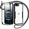 Jrkvniv Cover per iPhone 16E con Cordino,360 Gradi Trasparente Custodiacon con Protezione Schermo Integrata,Bumper Rugged Custodia con Regolabile Tracolla Corda Collana per 6.1-Nero
