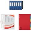 Esselte Set Esselte ESSENTIALS G75 6x Registratore con Custodia f.to Protocollo, Dorso 8 cm, Blu, 390775050 + 10 Confezioni di Divisori 12 Tasti A4, Multicolore,100202 + 100 buste A4 trasparenti, 395613000