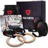 VIA FORTIS® Anelli da Ginnastica in Legno con Cinghie, Custodia e Guida agli Esercizi - Anelli da Palestra per Calisthenics e CrossFit - Versione da Competizione - Cinghie Extra Larghe con Indicazioni