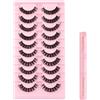 Kiusatig Ciglia Finte con Bond&Remover 10 Paia Volume Russo 3D Occhio di Gatto, Dieci Paia Ciglia Fluffy Russian Strip Lashes, Ciglia Finte Cat Eye Fatte a Mano（SJ23）