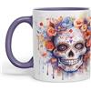 Vixar Tazza in ceramica colorata con teschio di zucchero e rose, per tè, caffè, hot brew, 330 ml, idea regalo, sk5 (viola)